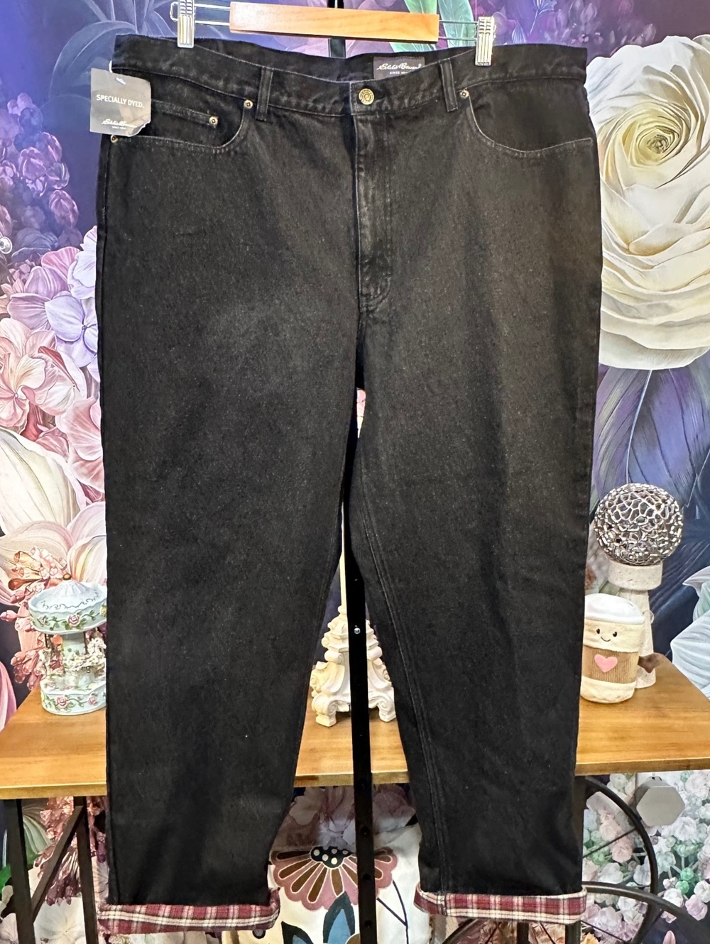 Eddie Bauer 42x32 Tall NWT Black Flannel Lined Jeans Plaid Cuff Straight Leg